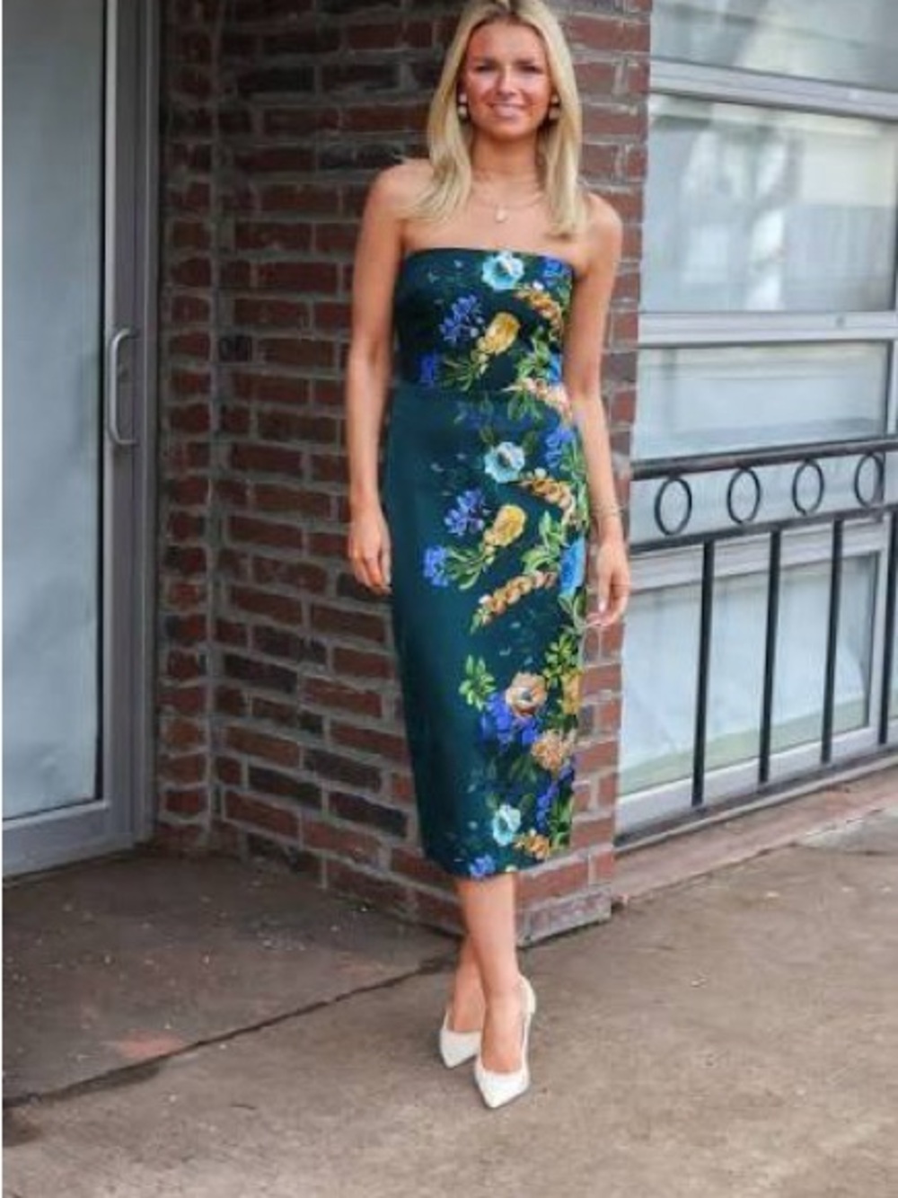 Amanda Uprichard Dark Green Strapless Floral Midi Dress